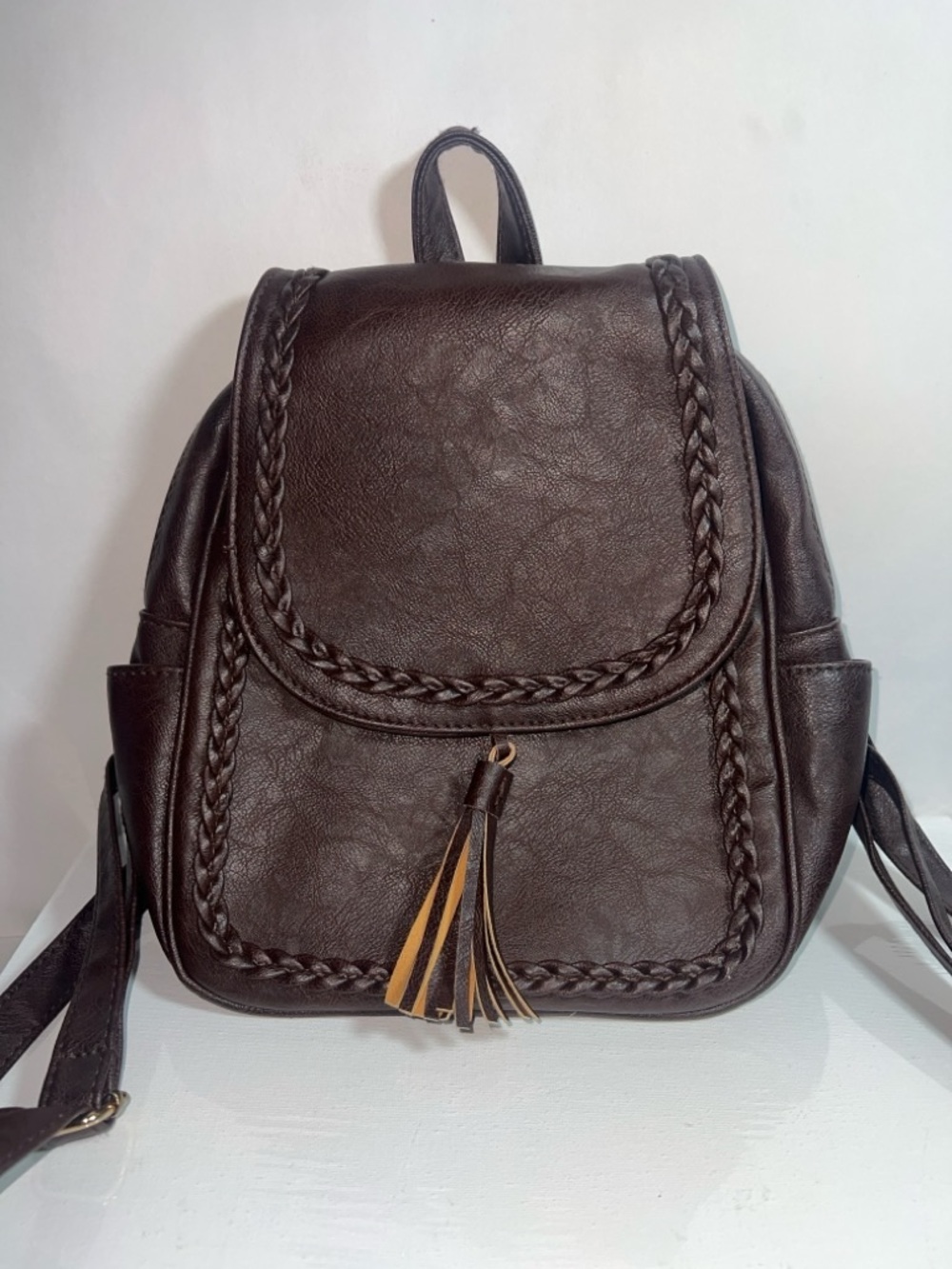 NWT KKXIU Brown Faux Leather Braided Mini Backpack Purse